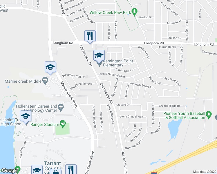 map of restaurants, bars, coffee shops, grocery stores, and more near 5653 Giddyup Lane in Fort Worth