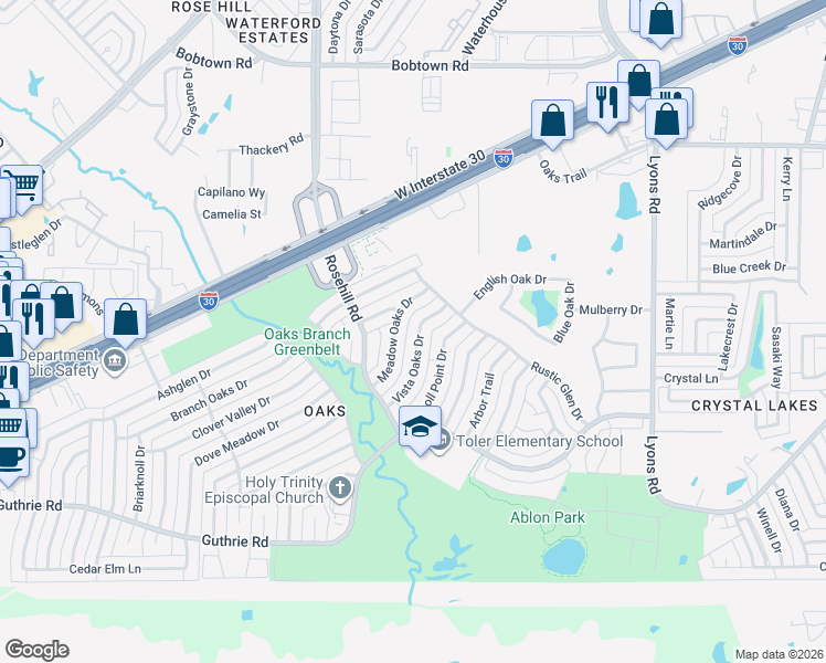 map of restaurants, bars, coffee shops, grocery stores, and more near 3425 Vista Oaks Dr in Garland