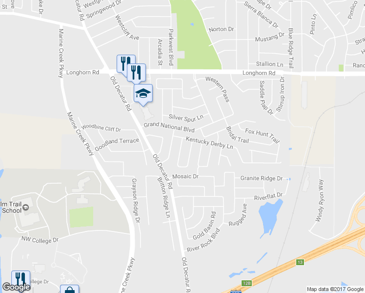 map of restaurants, bars, coffee shops, grocery stores, and more near 5812 Country Valley Lane in Fort Worth