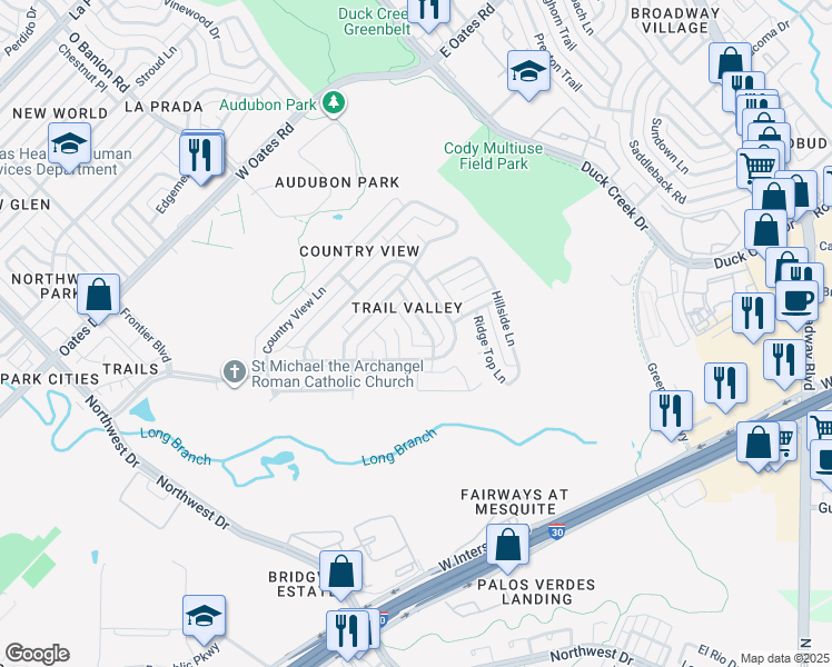 map of restaurants, bars, coffee shops, grocery stores, and more near 6009 Ozark Trail Lane in Garland