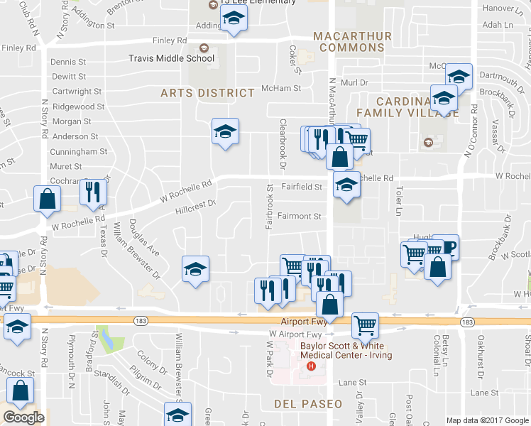 map of restaurants, bars, coffee shops, grocery stores, and more near 2617 Fairbrook Street in Irving