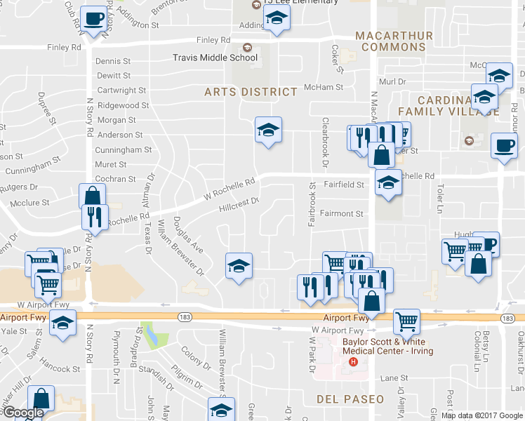 map of restaurants, bars, coffee shops, grocery stores, and more near 1417 Atlanta Drive in Irving