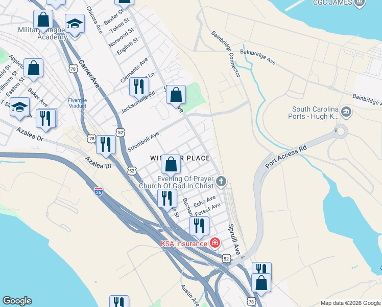 map of restaurants, bars, coffee shops, grocery stores, and more near 1911 Riverview Avenue in North Charleston