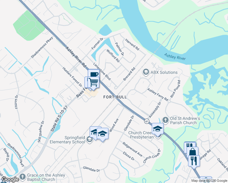 map of restaurants, bars, coffee shops, grocery stores, and more near 2298 Brevard Road in Charleston