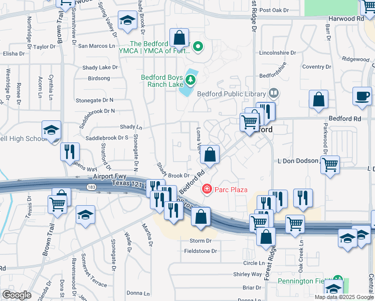 map of restaurants, bars, coffee shops, grocery stores, and more near 2113 San Fernando Street in Bedford