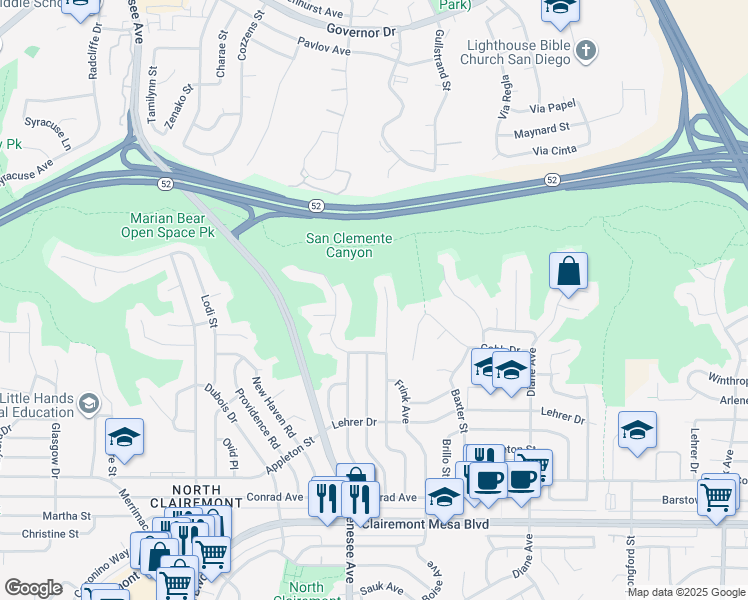 map of restaurants, bars, coffee shops, grocery stores, and more near 5322 Constitution Road in San Diego