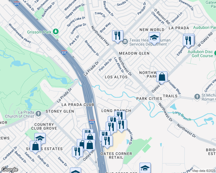 map of restaurants, bars, coffee shops, grocery stores, and more near 6425 Los Rios Drive in Mesquite