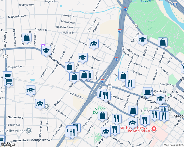 map of restaurants, bars, coffee shops, grocery stores, and more near 442 Pursley Street in Macon