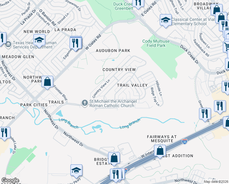 map of restaurants, bars, coffee shops, grocery stores, and more near 110 Country View Lane in Garland