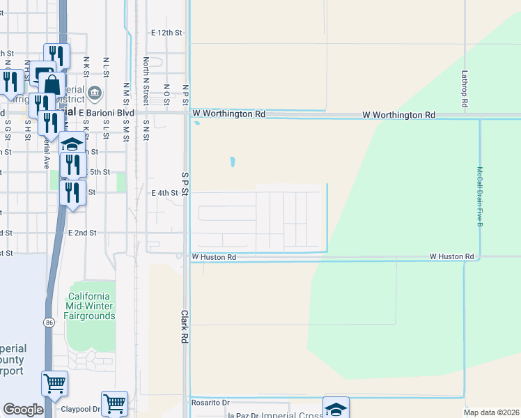 map of restaurants, bars, coffee shops, grocery stores, and more near 1121 East 2nd Street in Imperial