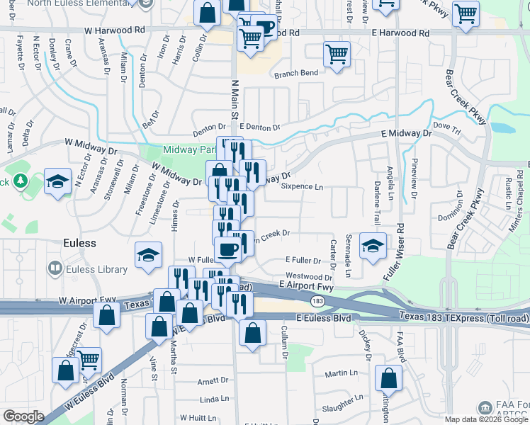 map of restaurants, bars, coffee shops, grocery stores, and more near 211 Primrose Hill in Euless