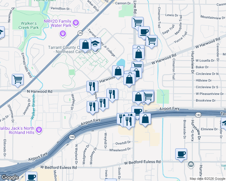 map of restaurants, bars, coffee shops, grocery stores, and more near 827 West Harwood Road in Hurst