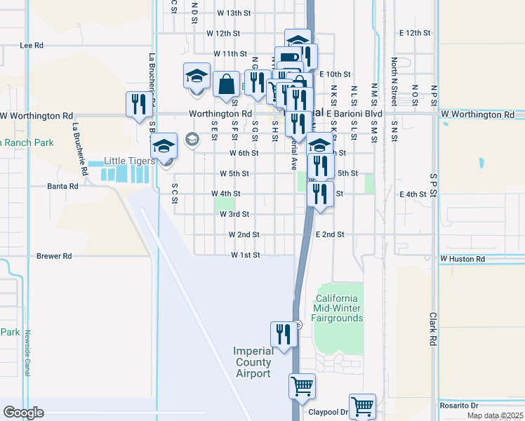 map of restaurants, bars, coffee shops, grocery stores, and more near 215 West 3rd Street in Imperial