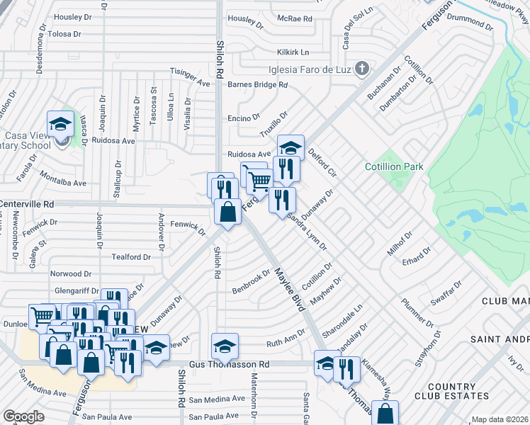 map of restaurants, bars, coffee shops, grocery stores, and more near 10834 Ferguson Road in Dallas
