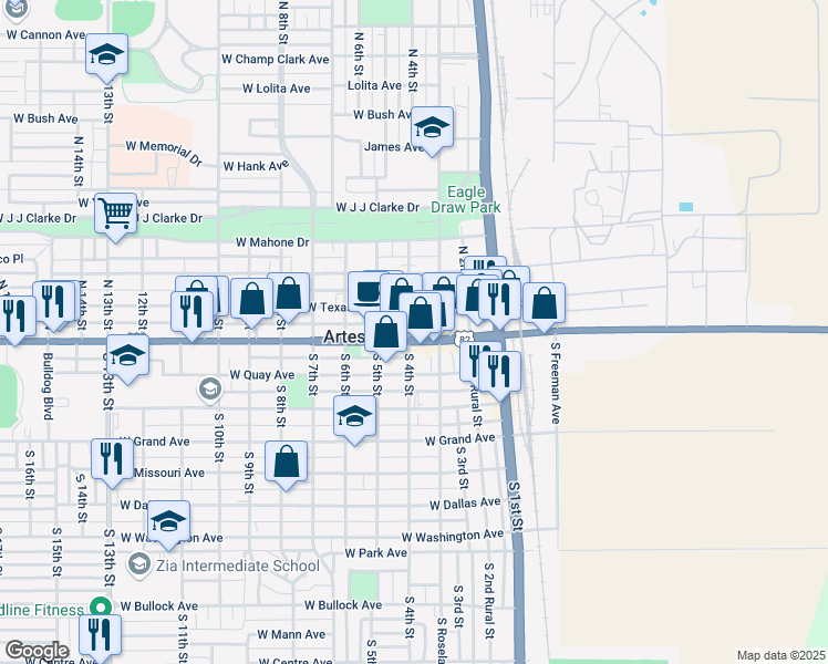 map of restaurants, bars, coffee shops, grocery stores, and more near 332 West Main Street in Artesia