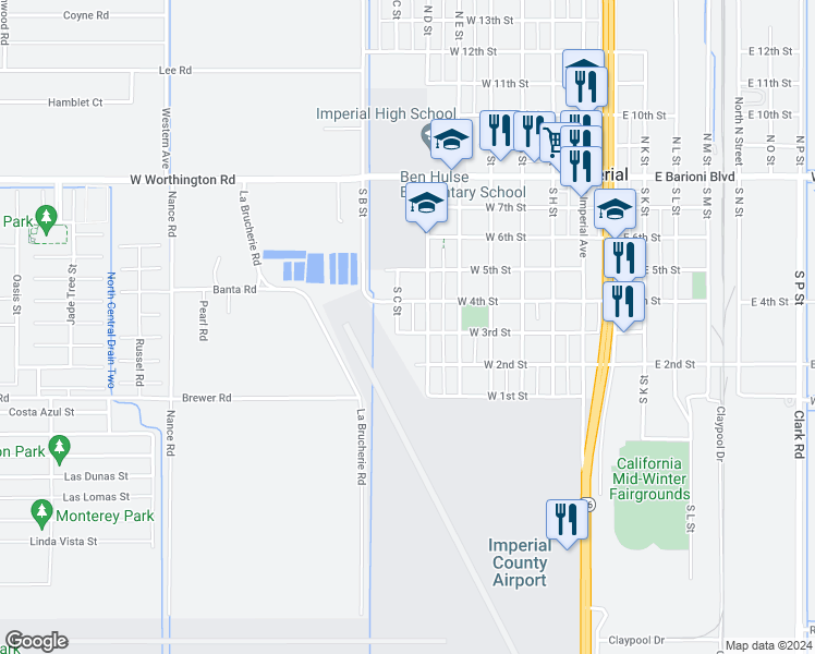 map of restaurants, bars, coffee shops, grocery stores, and more near 601 West 3rd Street in Imperial