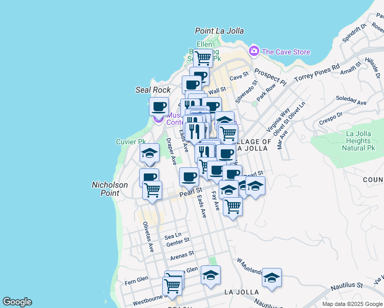 map of restaurants, bars, coffee shops, grocery stores, and more near 7616 Eads Avenue in San Diego