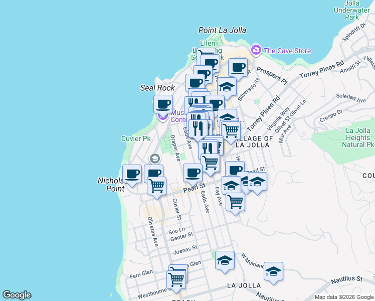 map of restaurants, bars, coffee shops, grocery stores, and more near 7616 Eads Avenue in San Diego