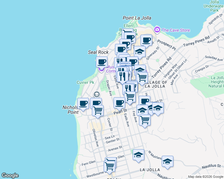 map of restaurants, bars, coffee shops, grocery stores, and more near 7616 Eads Avenue in San Diego