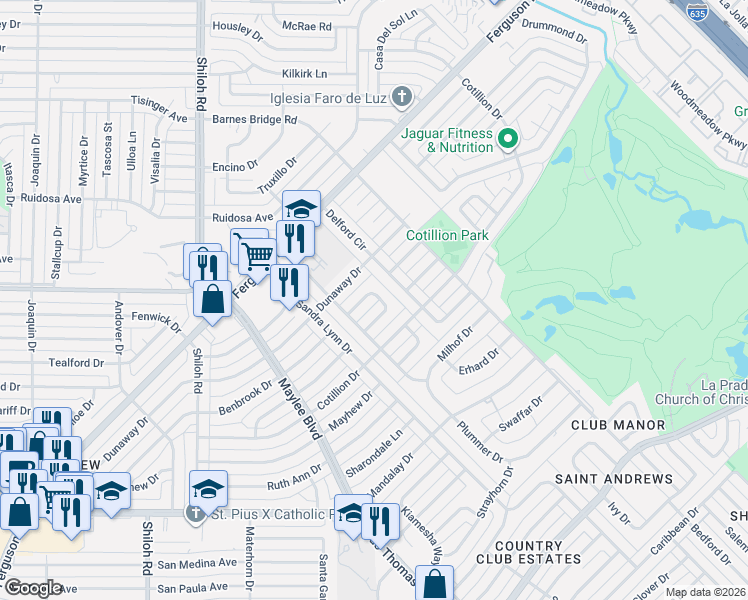 map of restaurants, bars, coffee shops, grocery stores, and more near 10959 Park Oak Circle in Dallas