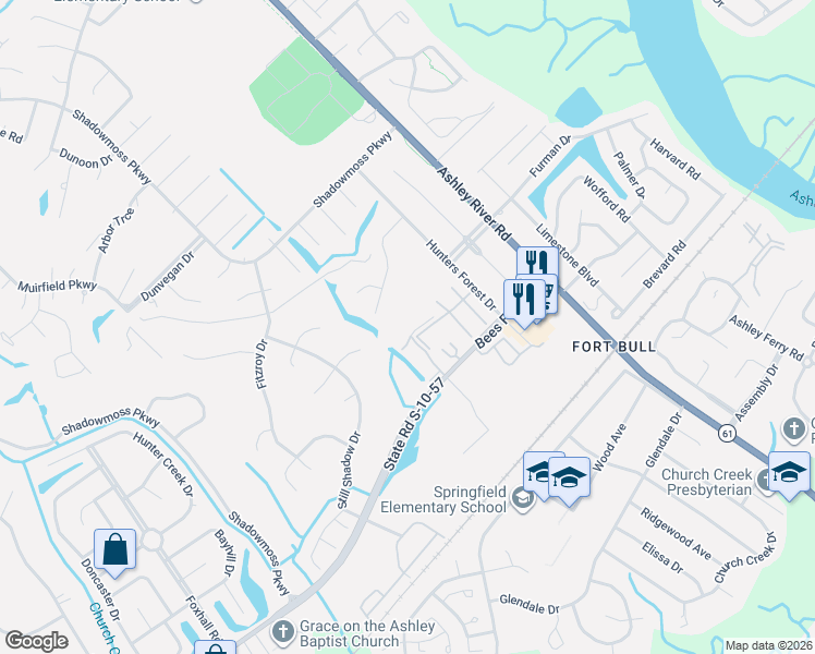 map of restaurants, bars, coffee shops, grocery stores, and more near 2932 Cheltenham Lane in Charleston
