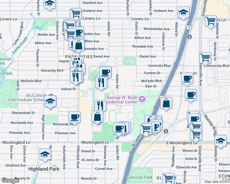 map of restaurants, bars, coffee shops, grocery stores, and more near 6251 Airline Road in Dallas