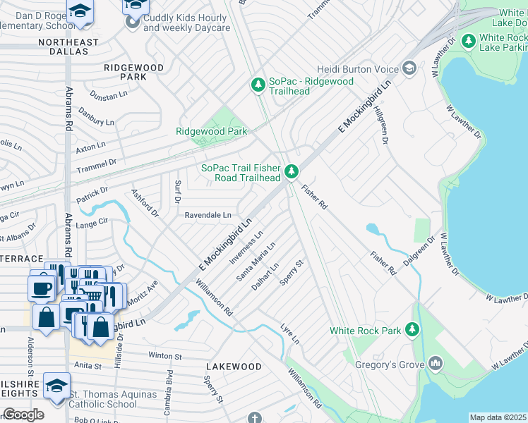 map of restaurants, bars, coffee shops, grocery stores, and more near 6906 East Mockingbird Lane in Dallas