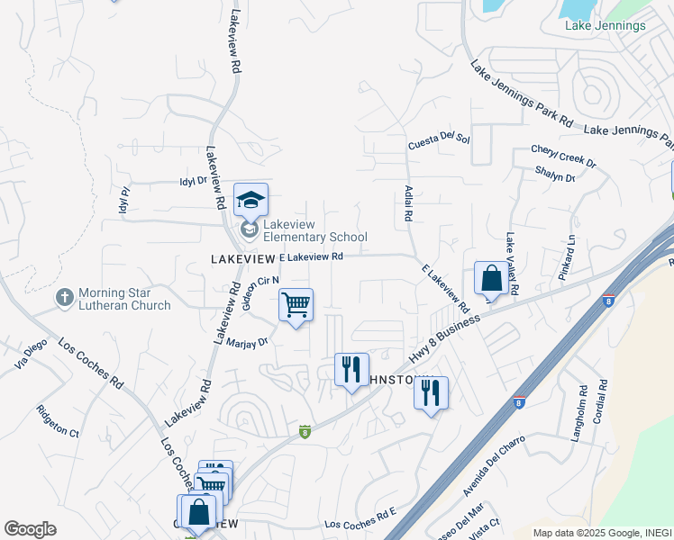 map of restaurants, bars, coffee shops, grocery stores, and more near 13457 East Lakeview Road in Lakeside