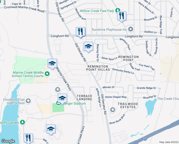 map of restaurants, bars, coffee shops, grocery stores, and more near 5600 Paluxy Sands Trail in Fort Worth
