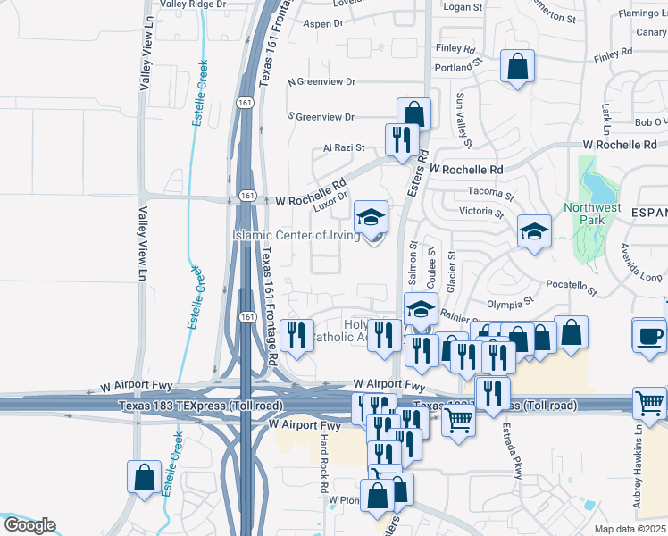 map of restaurants, bars, coffee shops, grocery stores, and more near 4607 Nellore Street in Irving