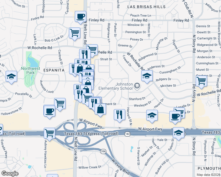 map of restaurants, bars, coffee shops, grocery stores, and more near 3101 Commonwealth Street in Irving