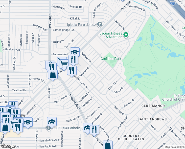 map of restaurants, bars, coffee shops, grocery stores, and more near 10959 Park Oak Circle in Dallas