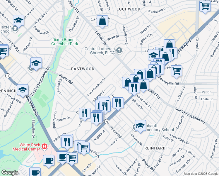map of restaurants, bars, coffee shops, grocery stores, and more near 10210 Kilarney Drive in Dallas