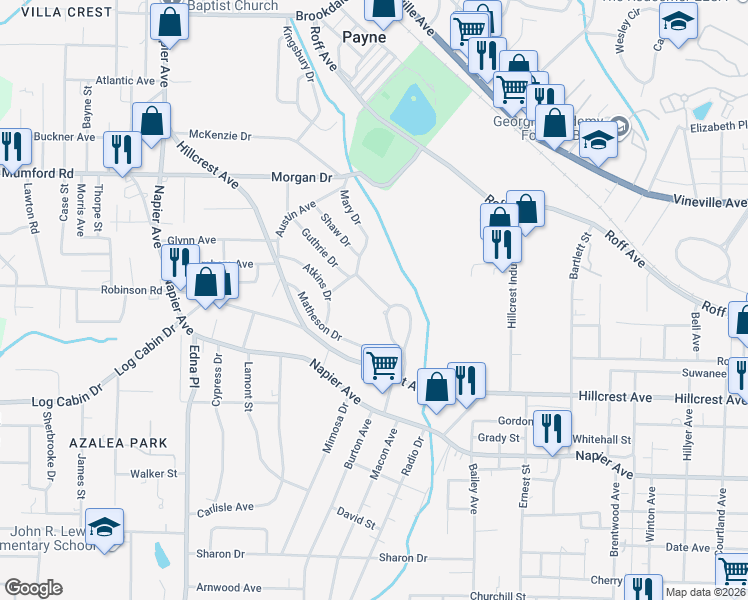 map of restaurants, bars, coffee shops, grocery stores, and more near 3262 Mary Drive in Macon