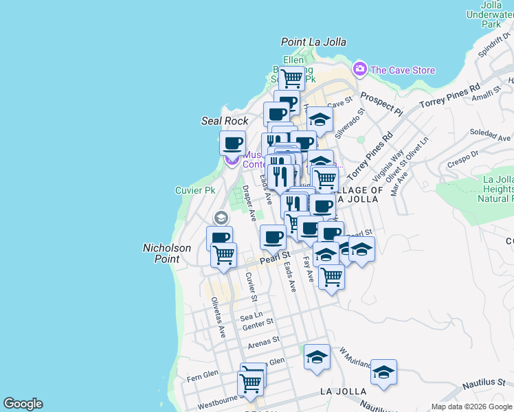 map of restaurants, bars, coffee shops, grocery stores, and more near 7635 Draper Avenue in San Diego