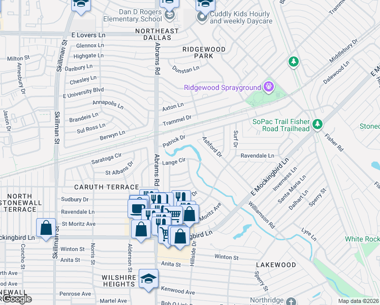 map of restaurants, bars, coffee shops, grocery stores, and more near 6503 Lange Circle in Dallas