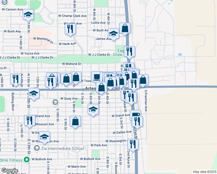map of restaurants, bars, coffee shops, grocery stores, and more near 332 West Main Street in Artesia