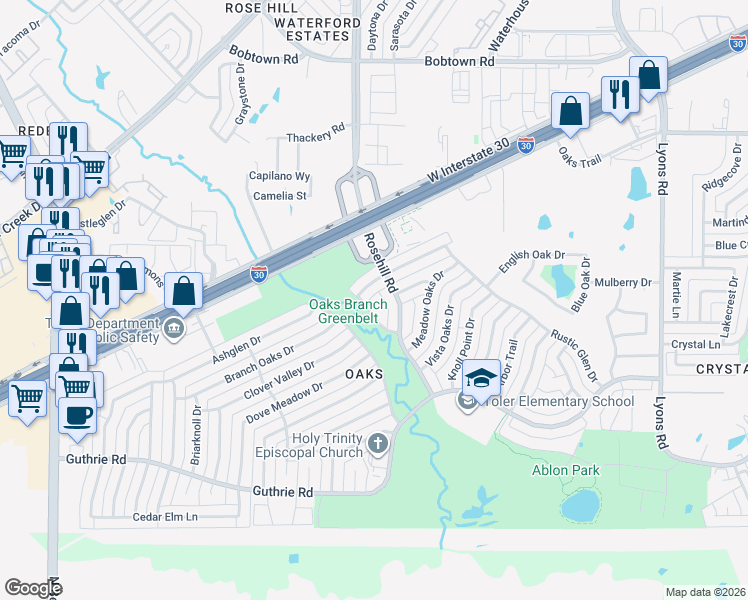 map of restaurants, bars, coffee shops, grocery stores, and more near 5806 Robinglen Drive in Garland