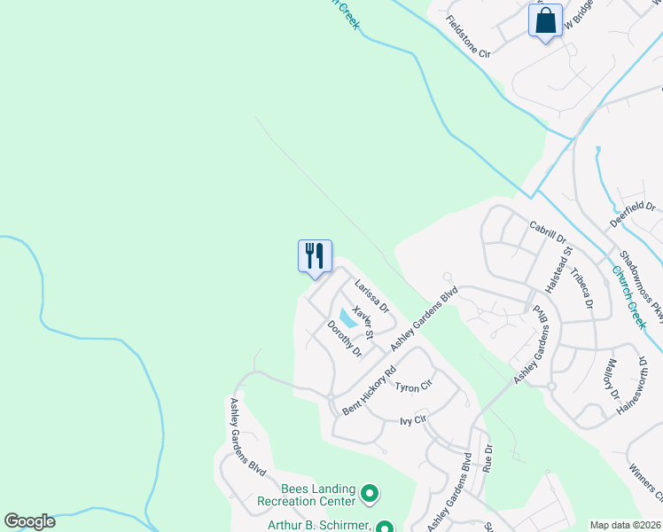 map of restaurants, bars, coffee shops, grocery stores, and more near 225 Larissa Drive in Charleston