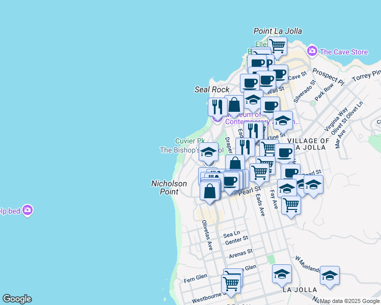 map of restaurants, bars, coffee shops, grocery stores, and more near 418 Coast Boulevard South in San Diego