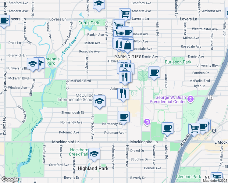 map of restaurants, bars, coffee shops, grocery stores, and more near 3443 Asbury Street in Dallas