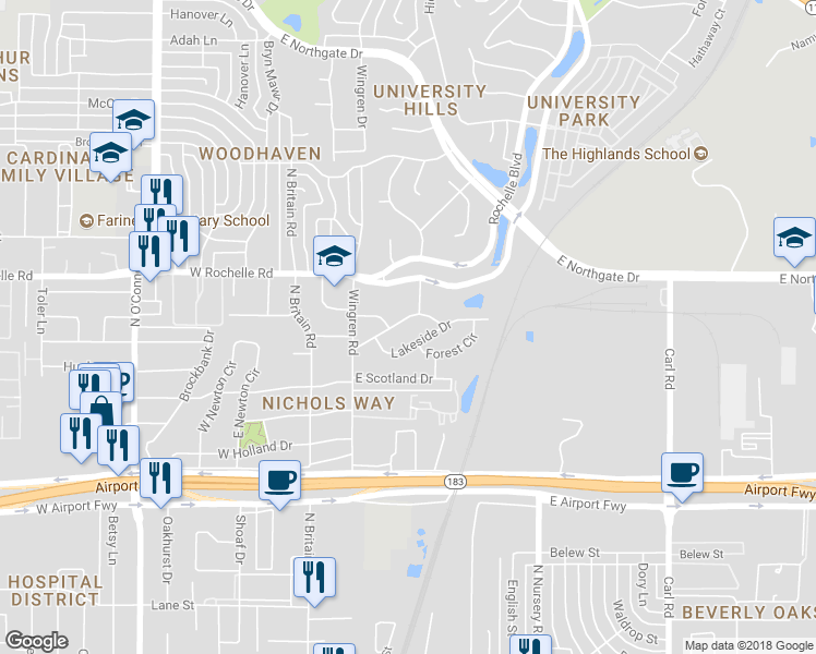map of restaurants, bars, coffee shops, grocery stores, and more near 314 Countryside Drive in Irving