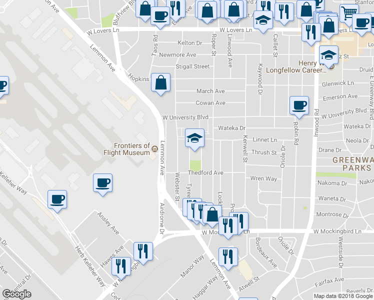 map of restaurants, bars, coffee shops, grocery stores, and more near 6911 Tyree Street in Dallas