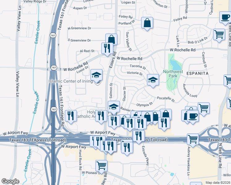 map of restaurants, bars, coffee shops, grocery stores, and more near 2505 Coulee Street in Irving