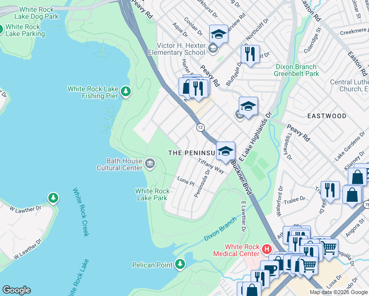 map of restaurants, bars, coffee shops, grocery stores, and more near 9406 West Lake Highlands Drive in Dallas