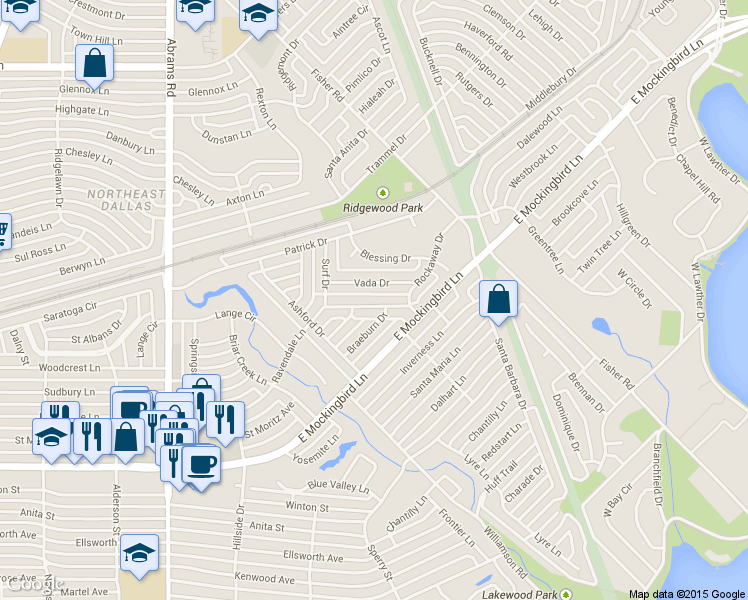map of restaurants, bars, coffee shops, grocery stores, and more near 6823 Ravendale Lane in Dallas