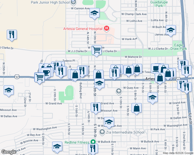 map of restaurants, bars, coffee shops, grocery stores, and more near 1214 West Main Street in Artesia
