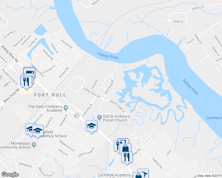 map of restaurants, bars, coffee shops, grocery stores, and more near 2375 Rice Pond Road in Charleston