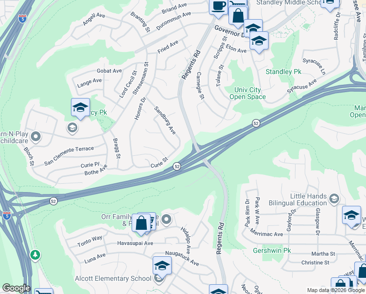 map of restaurants, bars, coffee shops, grocery stores, and more near 5415 Sandburg Avenue in San Diego