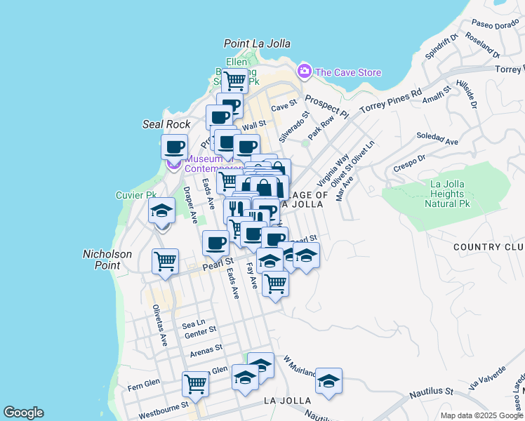 map of restaurants, bars, coffee shops, grocery stores, and more near 7611 Girard Avenue in San Diego